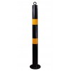Black 76mm Bolt Down Steel Bollard with Top Chain Eyelet & Reflective Yellow Bands – Heavy Duty Car Park Security Post