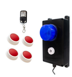 Wireless panic system for businesses, stores & care facilities – blue flash + siren / 4 buttons (200m)
