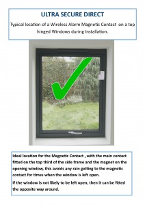 Installation location of a Wireless Alarm Magnetic Contact on a top hinged window