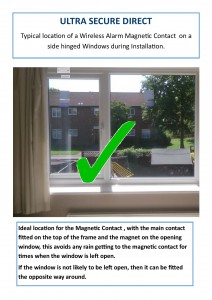 Installation location of a Wireless Alarm Magnetic Contact on a side hinged window